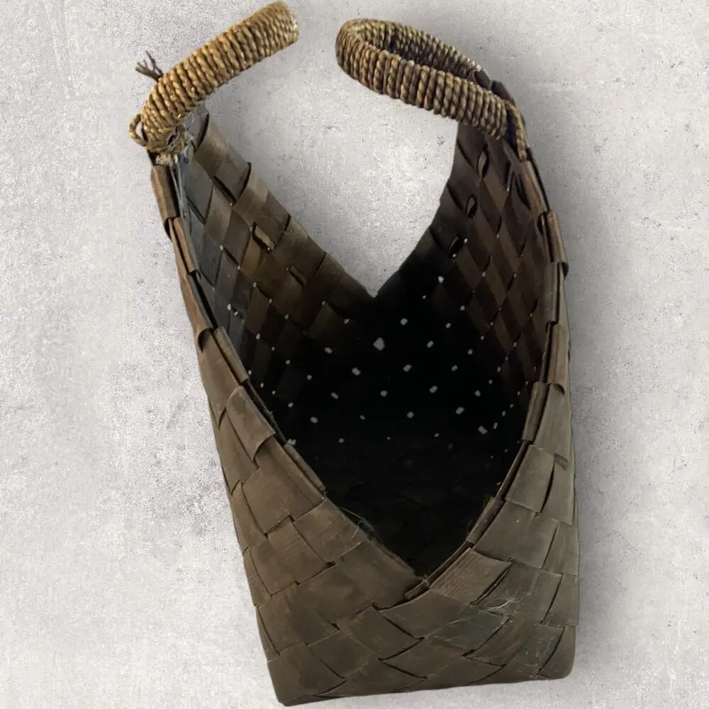 Rustic Flax Woven Basket Dark Wood Tote Farmhouse Decor Bag Purse w/ Handles